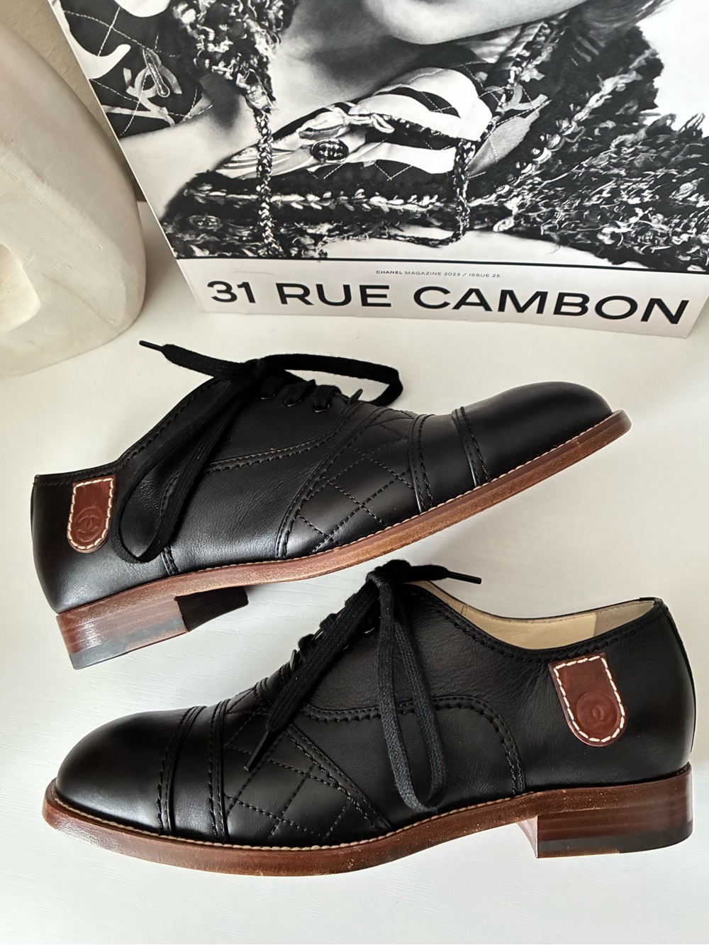CHANEL Black Leather Women's Oxford Lace-Up Shoes with Brown Trim - Picture 3 of 6